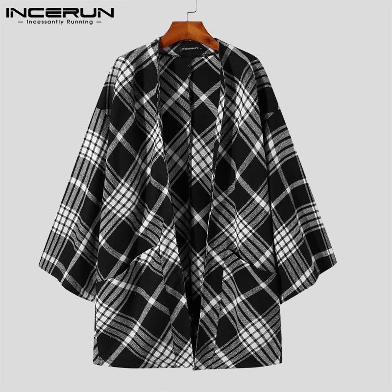 Áo cardigan len rộng INCERUN tay dài kẻ ô lưới mùa đông Nhật Bản cho nam
