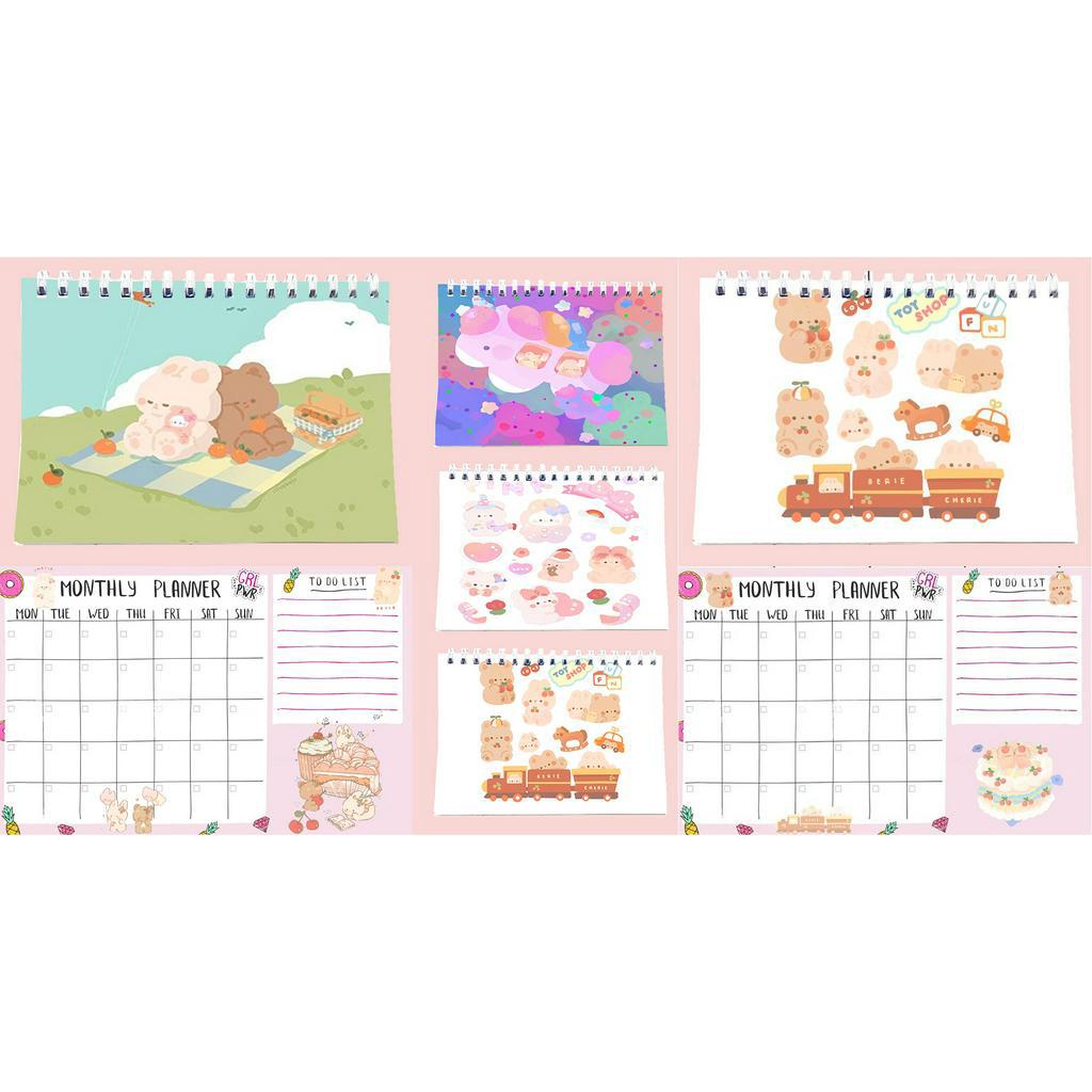 Sổ kế hoạch tháng gấu thỏ cherry cherie berie MPI40 Monthly Planner 12 trang hoạt hình cute thần tượng
