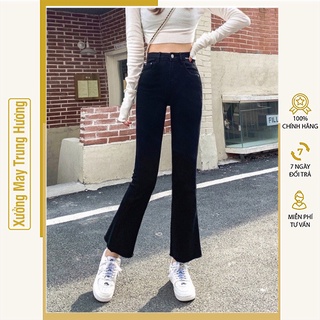  Quần jean ống loe lưng cao màu đen trơn vải jean giấy co giãn 4 chiều  Quần bò ống vẩy nữ có size từ 40kg - 58kg 
