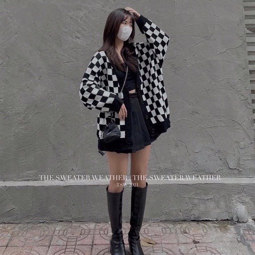 Áo khoác ngoài kiểu Cardigan họa tiết hình bàn cờ Nagnagstore chất vải len nỉ dày dặn dáng rộng chuẩn Unisex TL17