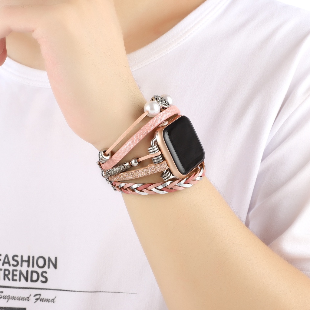 Dây Đeo Đồng Hồ Bằng Da Phối Hạt Ngọc Trai Kim Loại Cho Apple watch serie 7 6 5 SE 4 3 2 1 41mm 45mm 44mm 40mm 38mm 42mm