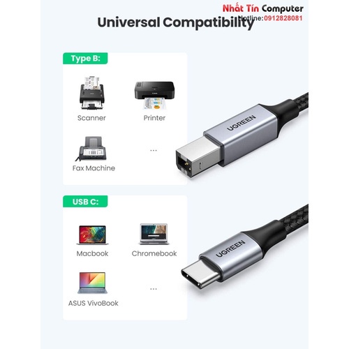 Cáp máy in USB Type-C to USB Type-B bọc dù Ugreen 80805/80807/80805 cao cấp