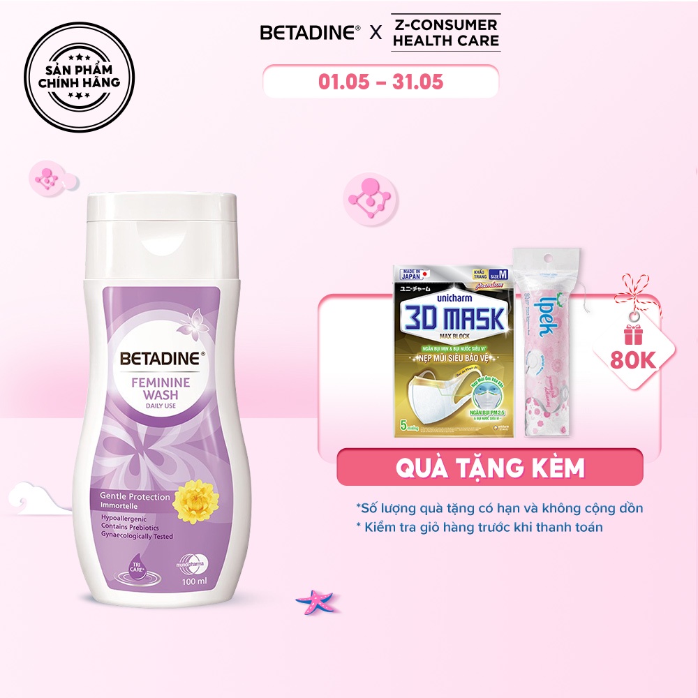 Dung dịch vệ sinh phụ nữ Betadine Feminine Wash Daily Use Gentle Protection Immortelle 100ml