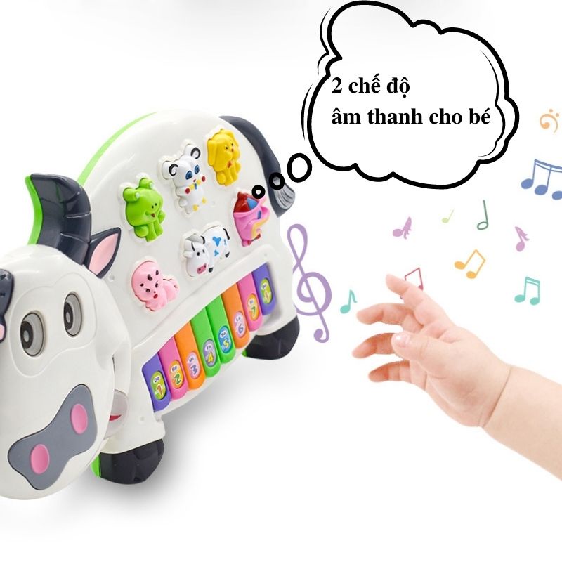 Đồ chơi đàn piano hình con vật AIQ cao cấp, Đàn Piano hình con bò, thỏ đèn led sáng nhấp nháy, âm thanh 2 chế độ