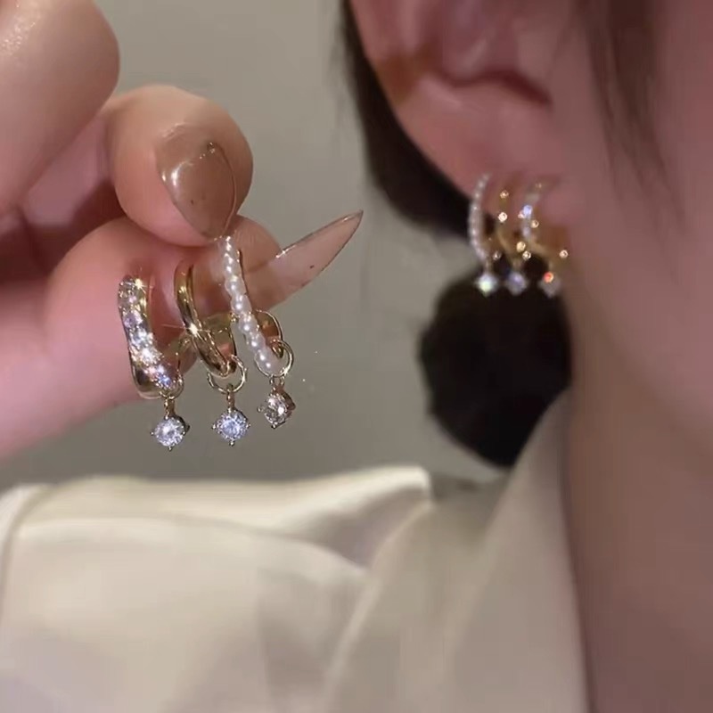 Khuyên Tai Hình Học Nhiều Lớp Đính Đá Zircon Phong Cách Hàn Quốc Mới Cho Nữ