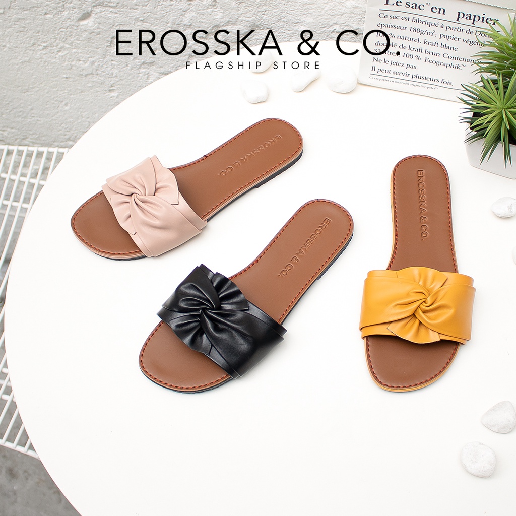 Dép nữ thời trang đế bằng Erosska 2021 phối nơ xoắn chéo màu nude _ DE032
