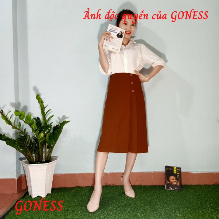 Chân váy dài chữ a GONESS xếp ly dài qua gối, chất vải mềm kiểu dáng công sở cho phái nữ