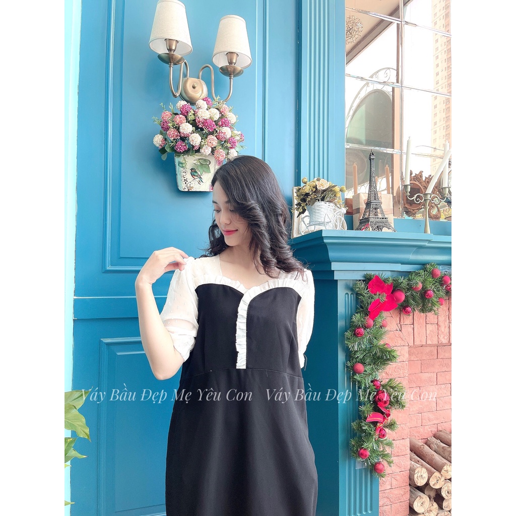 Đầm bầu công sở Váy bầu đẹp màu đen phối bèo cổ MYC 1M