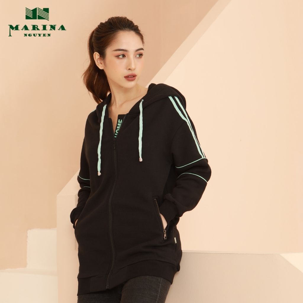 Áo Hoodie Nỉ Khóa Kéo MARINA NGUYỄN Họa Tiết Sọc Phối Cánh Tay Nổi Bật, Vải Dày Dặn Mềm Mịn, Giữ Nhiệt Tốt - 70032
