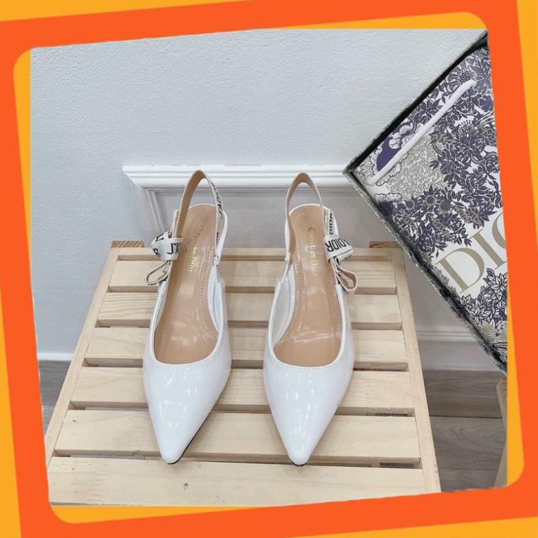 Giày Sandal, Giày Cao Gót Nữ dior trắng gót 6p da bóng hàng fullbox + bill + túi giấy
