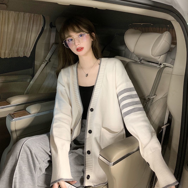Áo Khoác Cardigan Dệt Kim Tay Dài Dáng Rộng Cổ Chữ V Kẻ Sọc Màu Tương Phản Thời Trang Hàn Quốc