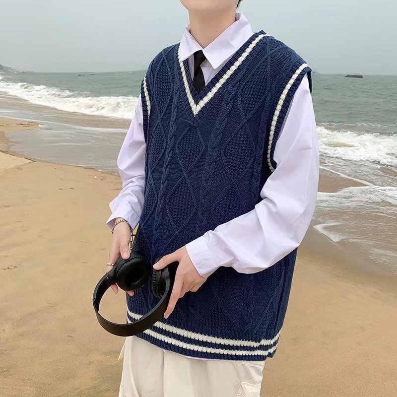 Áo sweater không tay cổ chữ V dáng rộng phong cách mùa thu cho nam