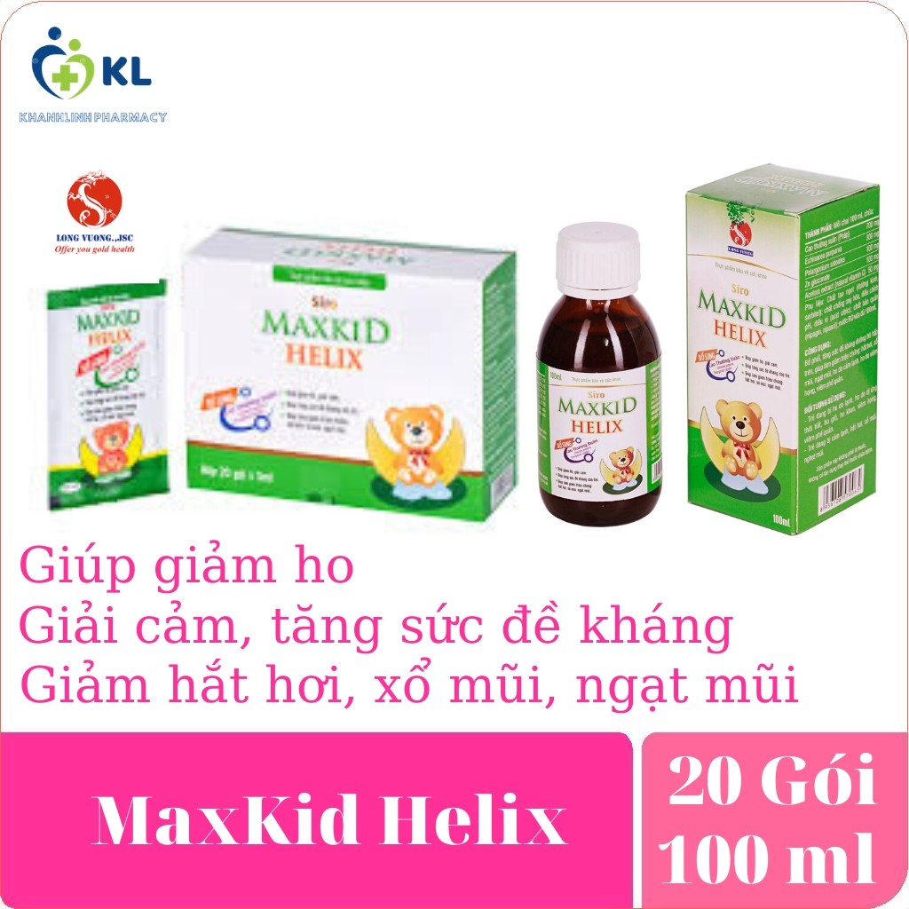 Siro Ho Maxkid Helix-Giúp làm giảm triệu chứng:sổ mũi, ngạt mũi, ho do cảm lạnh, ho có đờm, viêm họng, viêm phế quản