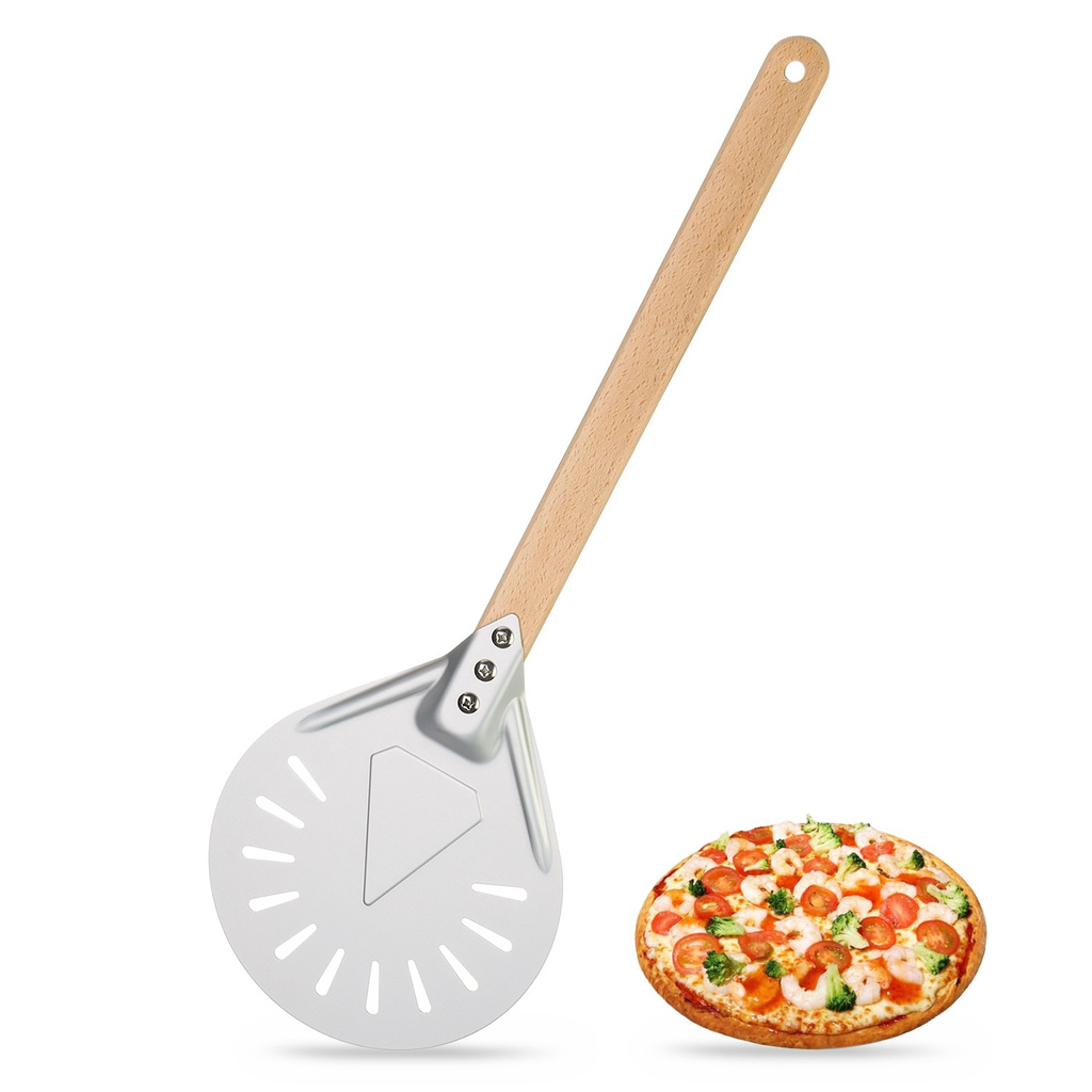 LY Wood Handle Pizza Peel Bakers Paddle Perforated Grill Non-slip Aluminum Bread Shovel