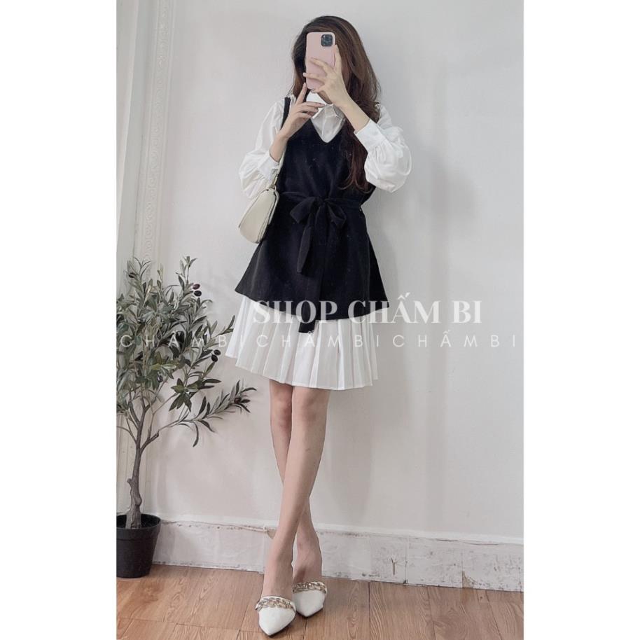 Set váy nữ tiểu thư V.090, Set váy sơ mi trắng dáng dài xếp ly chân và yếm đen cổ V thắt nơ eo cực xinh