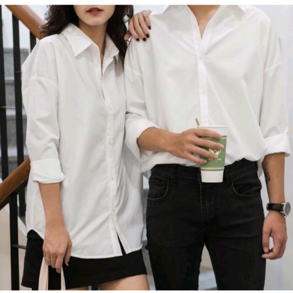 Áo sơ mi tay dài trắng học sinh form rộng trơn hàn quốc unisex