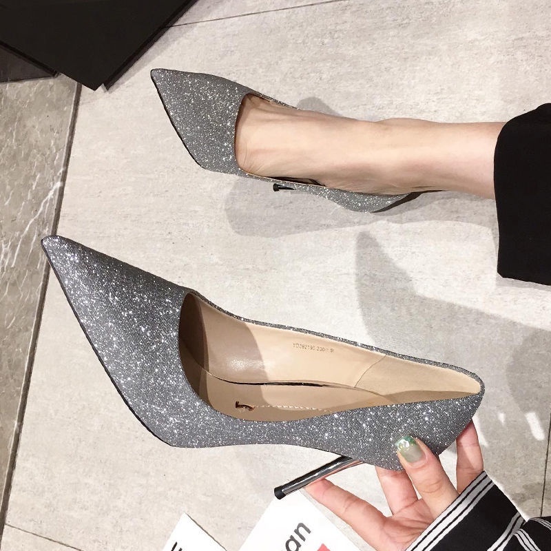 Giày Cao Gót 9Cm Mũi Nhọn Đính Kim Sa Quyến Rũ Thời Trang Xuân Thu 2020 Cho Nữ