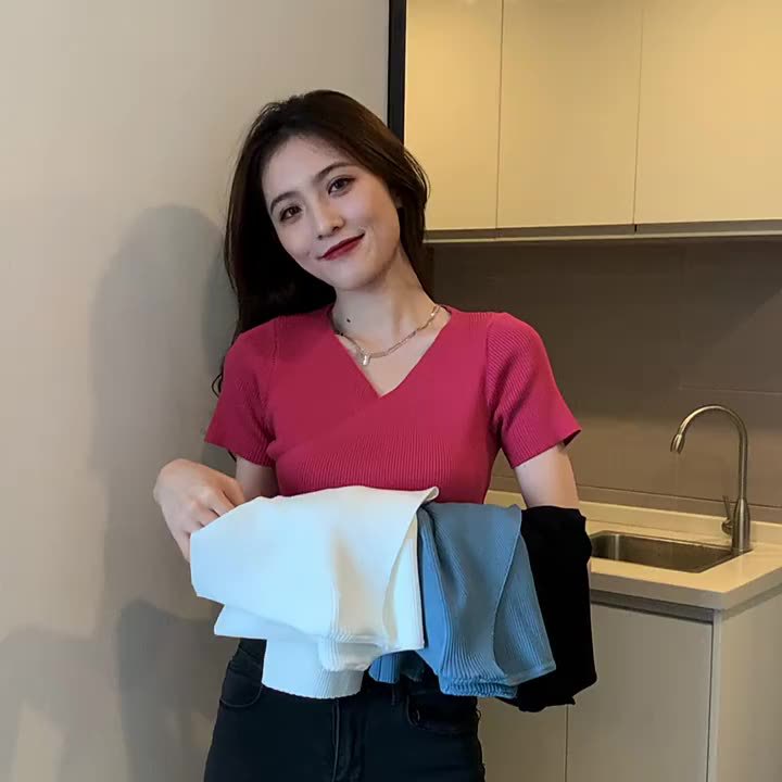 WANG JIAO ZHAN Áo sweater Dệt Kim Tay Ngắn Màu Sắc Đơn Giản Dễ Phối Đồ