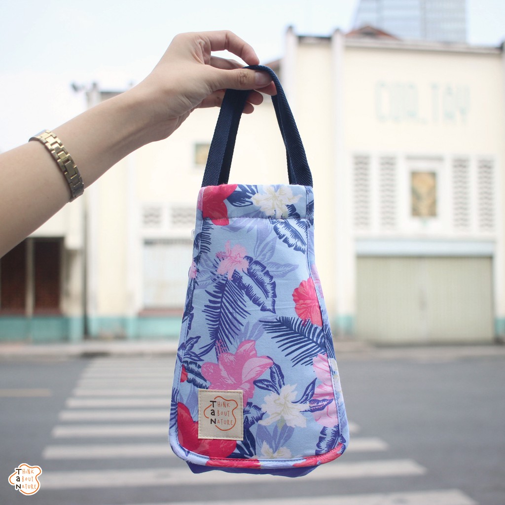 Túi vải đựng bình nước họa tiết hoa tropical tím/ Túi vải bảo vệ môi trường/ Túi vải đựng bình giữ nhiệt/ ly giữ nhiệt
