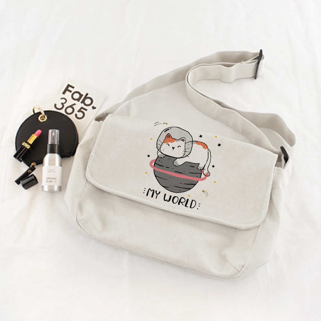 Túi Tote Đeo Chéo Vải Canvas Mèo My World Phong Cách Ulzzang