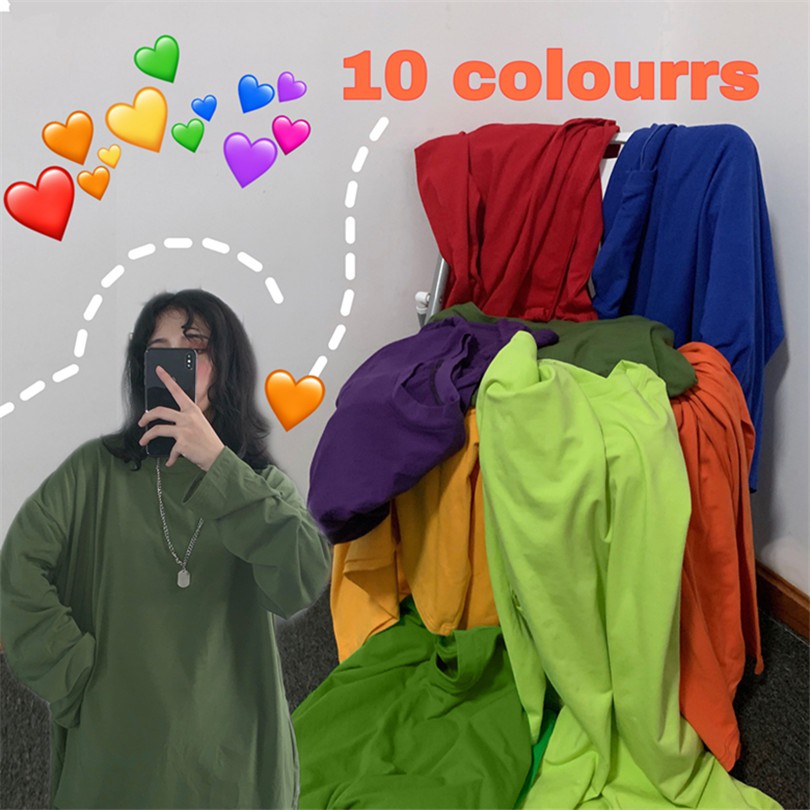 🔥 🔥Áo cặp đôi 126201Áo thun tay dài dáng rộng màu trơn phong cách Harajuku trẻ trung