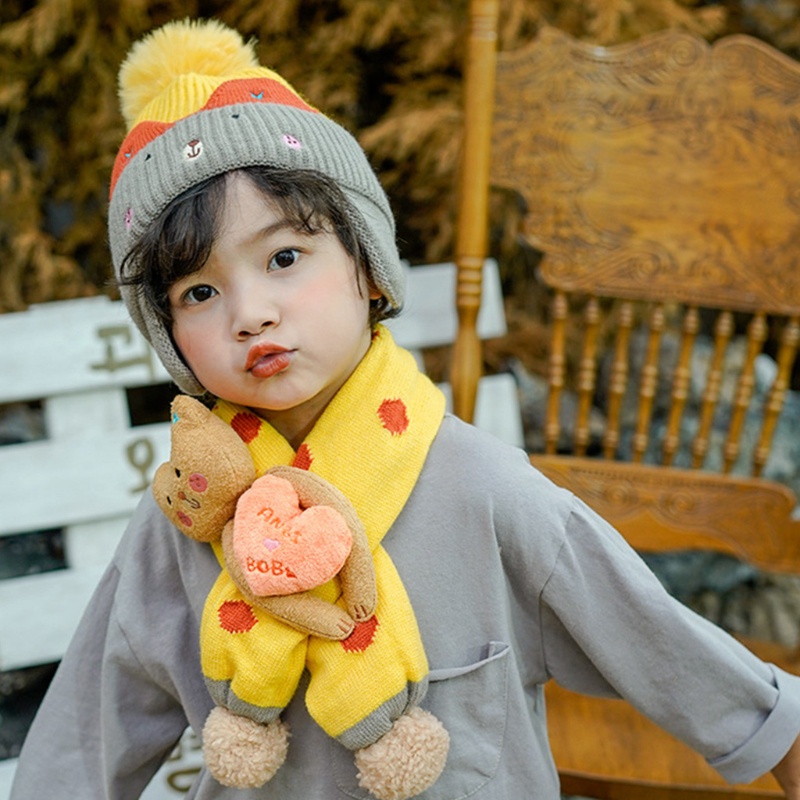 Mũ Len Trùm Tai Kèm Khăn Choàng Cổ Giữ Ấm Hình Động Vật Hoạt Hình Dễ Thương Thời Trang Mùa Đông Cho Bé Gái