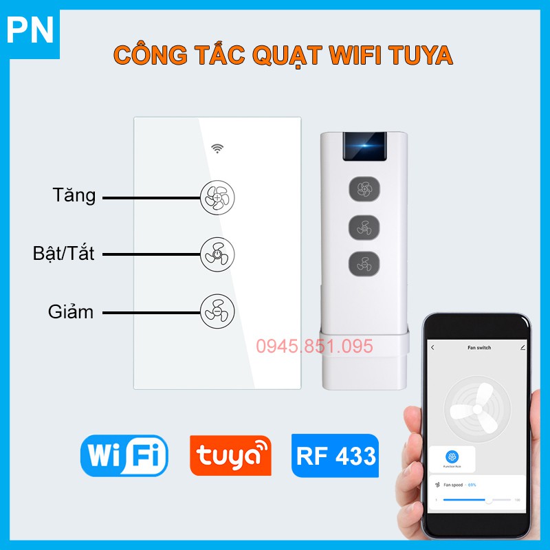 Công Tắc Thông Minh Điều Khiển Quạt Trần Wifi Tuya – Có Remote điều khiển từ xa RF433