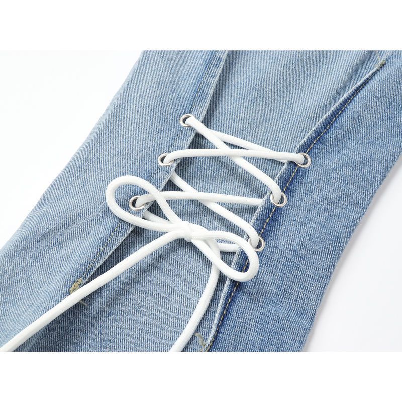 Jiashucheng Hot Quần Jean Nữ Ống Loe Rộng Lưng Cao Cột Dây Phong Cách Mới