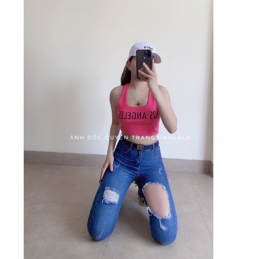Quần jean nữ lưng cao rách gối co giãn - quần bò nữ cạp cao rách gối dáng ôm chất jeans đẹp cao cấp