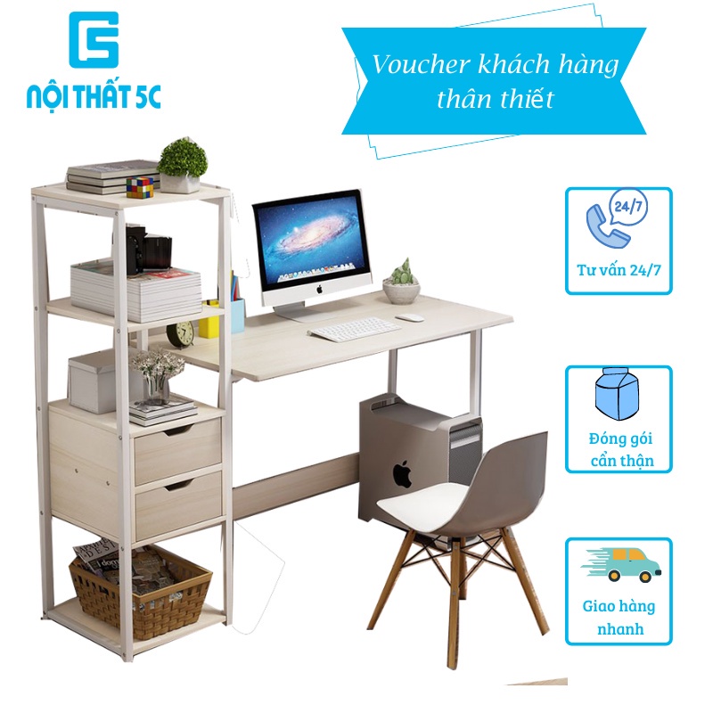 Bàn làm việc liền kệ sách có ngăn kéo D-Table ( Chất liệu gỗ nguyên tấm MDF chống trầy xước mặt bàn, chống ẩm)
