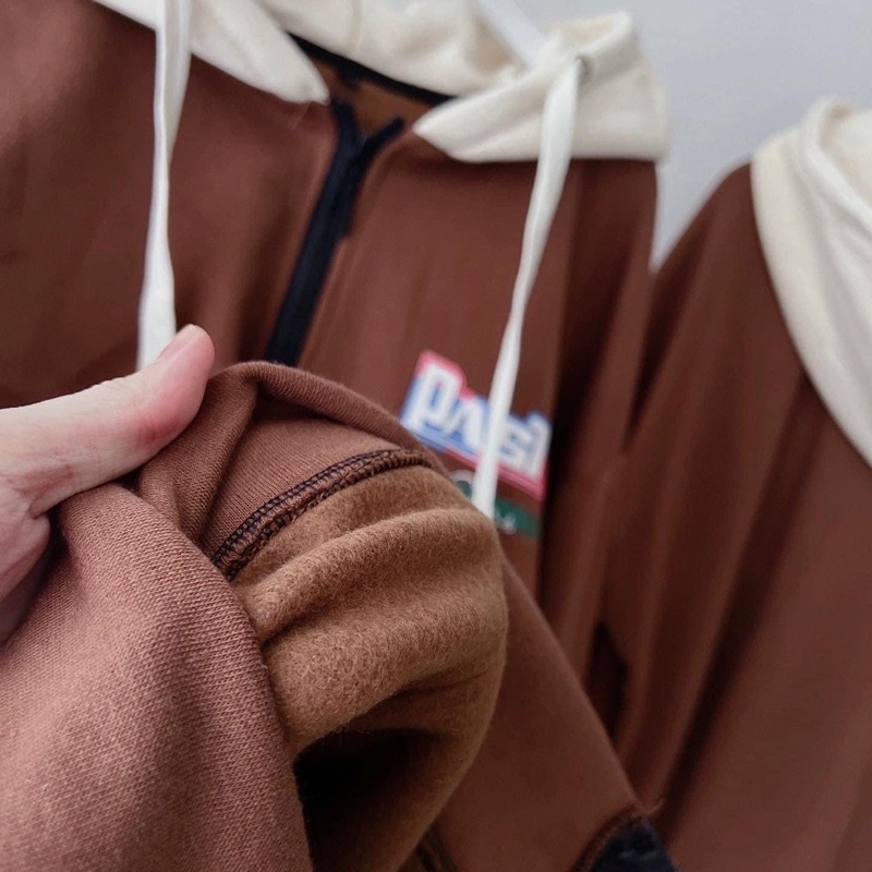 Áo Khoác Hoodie Phối Zip Unisex PAST Vải Nỉ Bông màu NÂU/ĐEN/XANH NAVY 🖤 Nam nữ unisex 🖤 Áo hoodie dây kéo Form Rộng