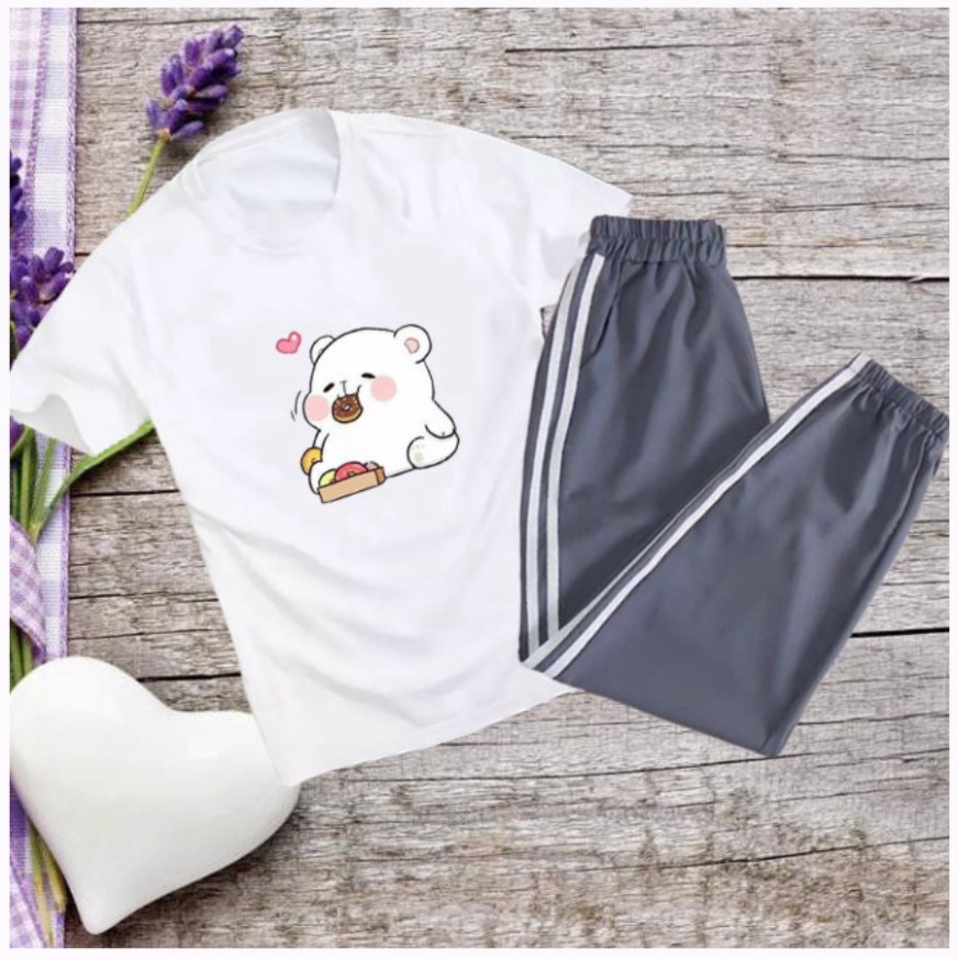 Sét áo phông gấu tim ăn bánh + quần ống rộng 2 sọc chun gấu HARIQUEEN