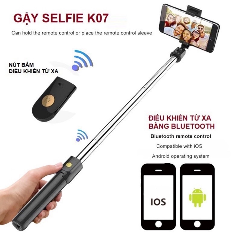 Gậy chụp ảnh 3 chân có điều khiển Bluetooth, cây livestream, tự sướng Tripod K07