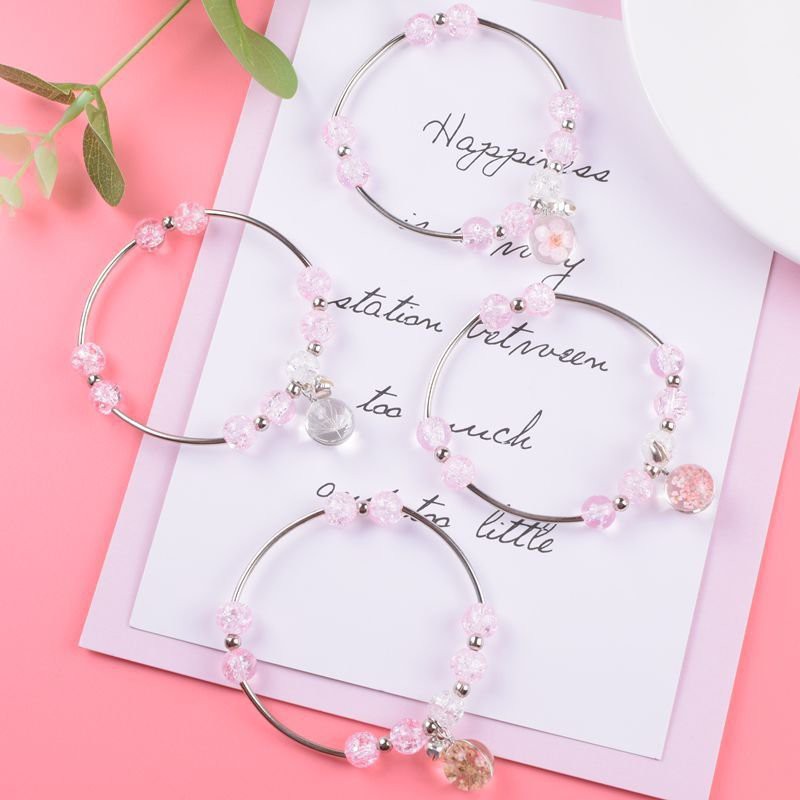 Vòng tay gốm HẠT NỨT GẮN HOA THUỶ TINH lắc tay nữ thời trang dễ thương
