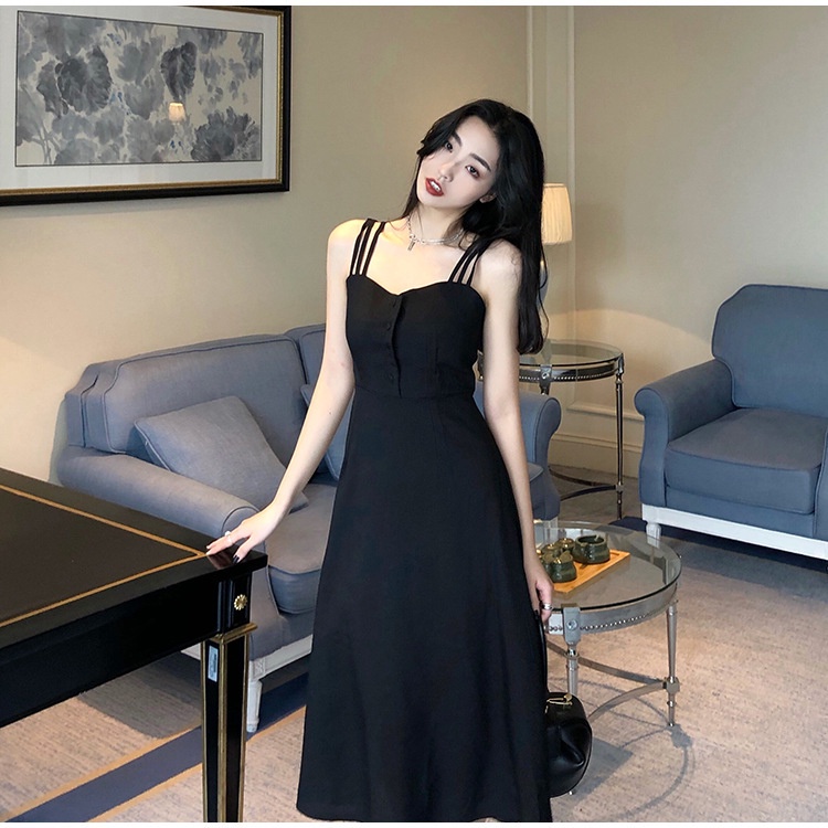 Đầm hai dây IELGY màu đen thời trang mùa hè phong cách vintage cho nữ