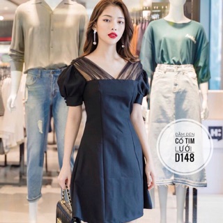 Bigsize Đầm đen cổ tim lưới D148
