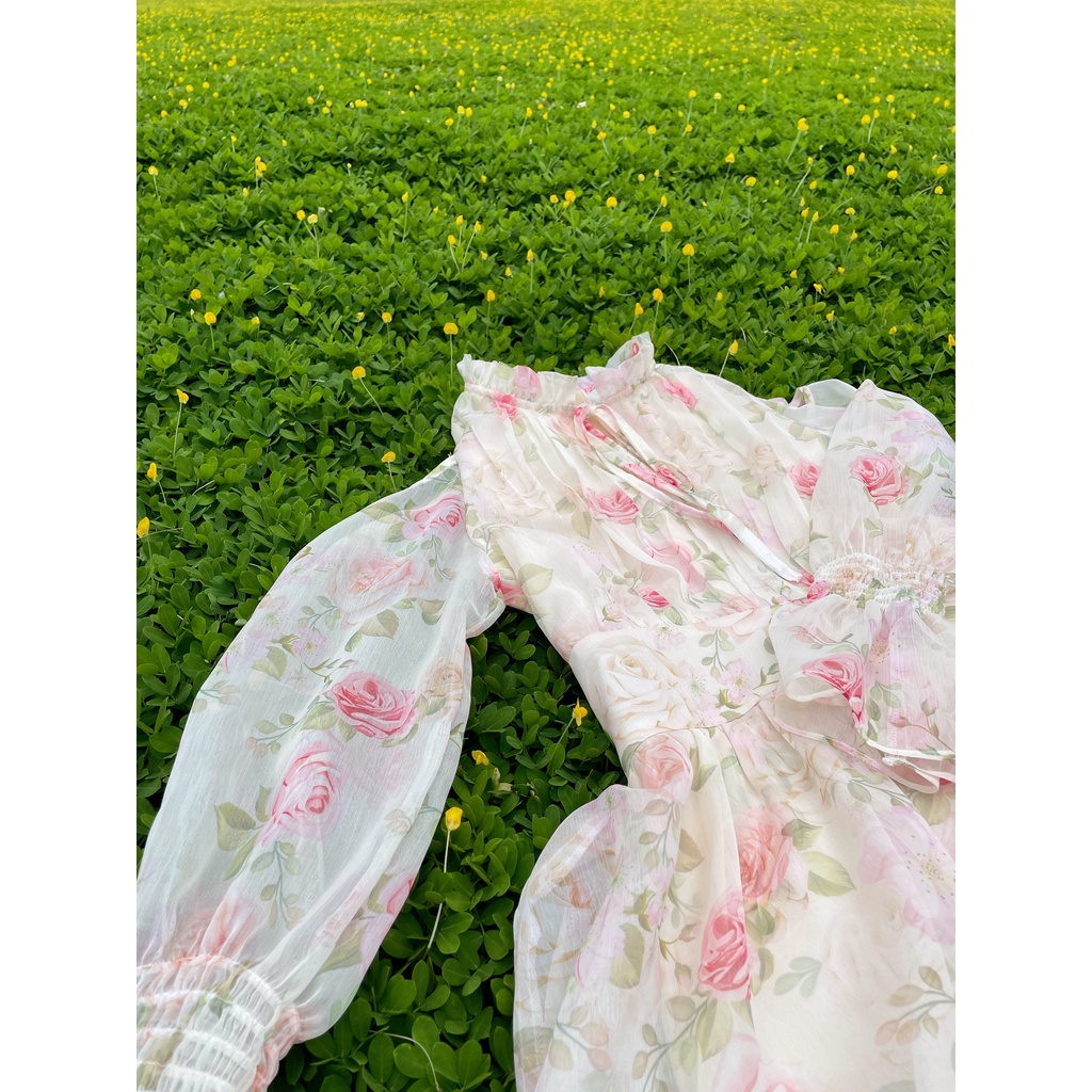 Váy đầm tơ hoa khoét vai dáng xòe hai tầng đi chơi đi biển Vayemcloset