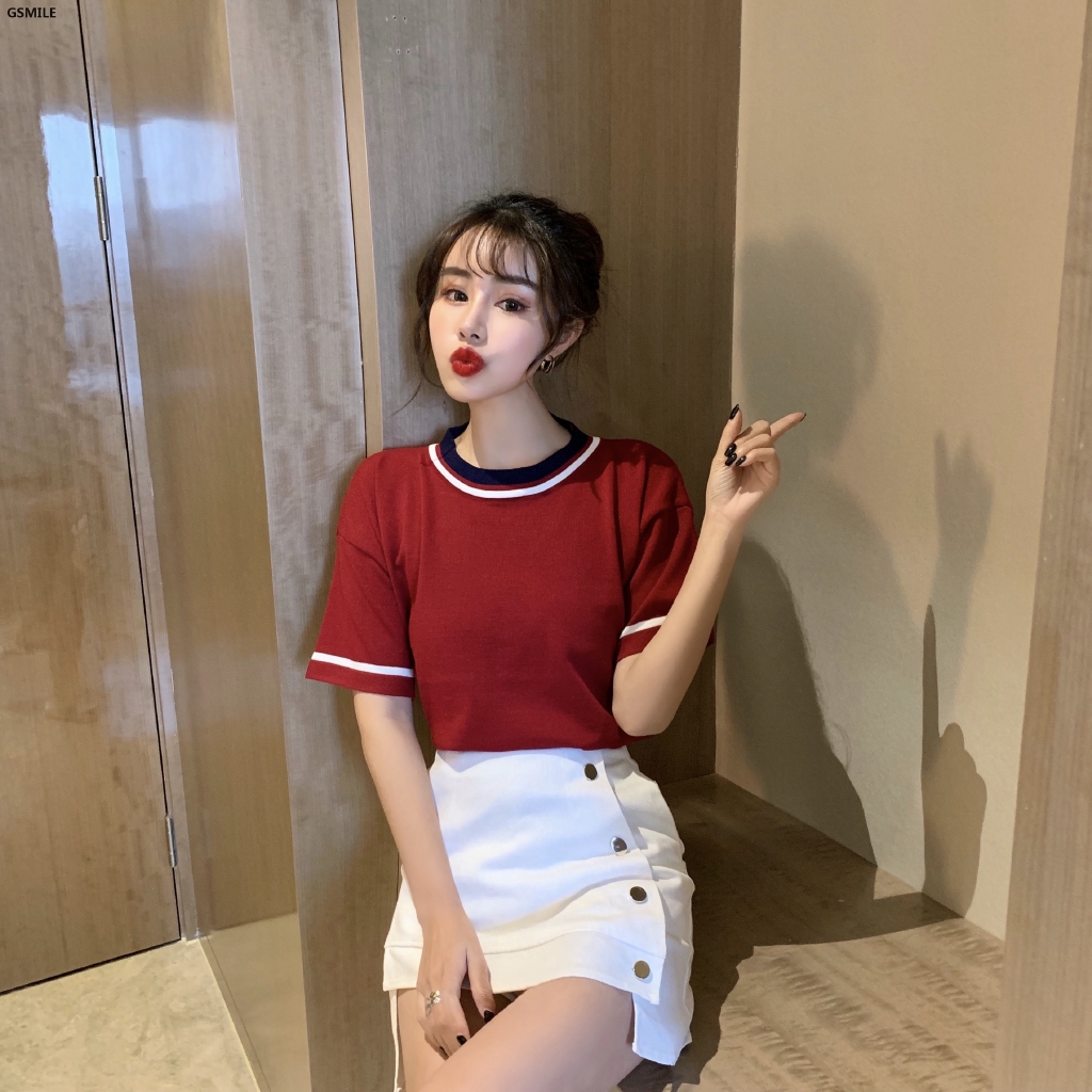 Áo thun nữ tay ngắn màu trơn phong cách Hàn Quốc