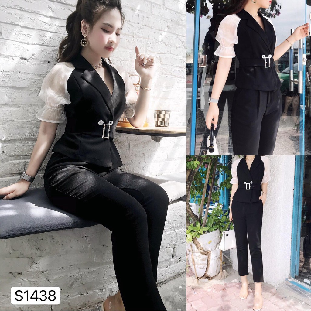 HÀNG CAO CẤP -  Sét công sở gồm áo đen tay ren + quần + đai (bell) S1438 - DVC (Video mẫu mặc shop tự quay)  - Hàng Cao 