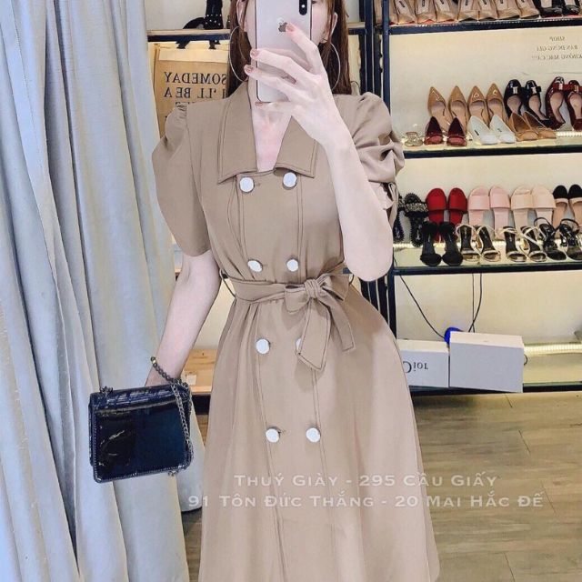 Đầm tay phồng cổ vest kết nút cột dây eo