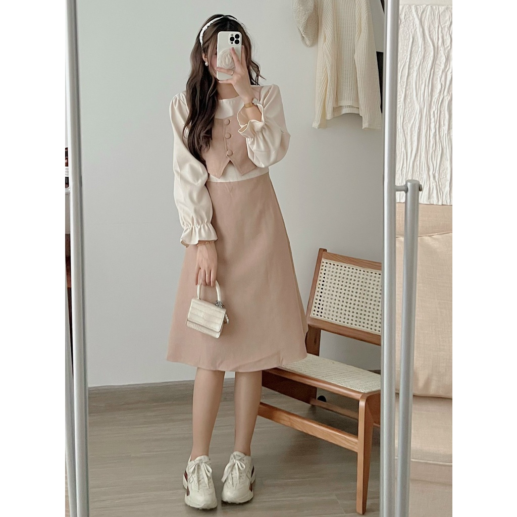 Váy Đầm Nhung Dáng Dài Giả Gille Tay Dài Tiểu Thư Đầm Nữ Phong Cách Hàn Quốc | Smide Clothing