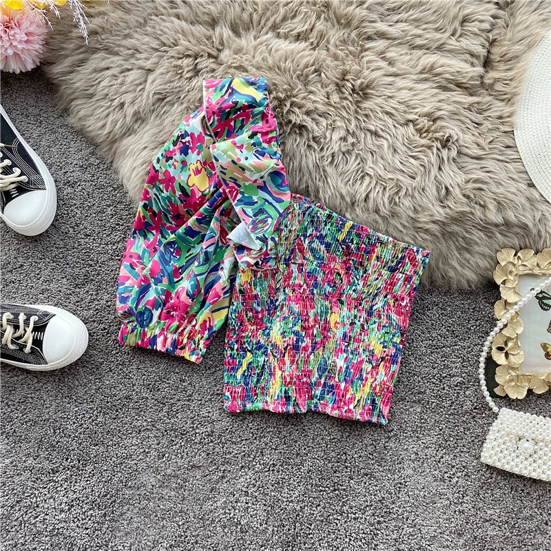 IELGY Áo chiffon Tay Phồng Trễ Vai Phối Bèo In Họa Tiết Trái Tim Gợi Cảm