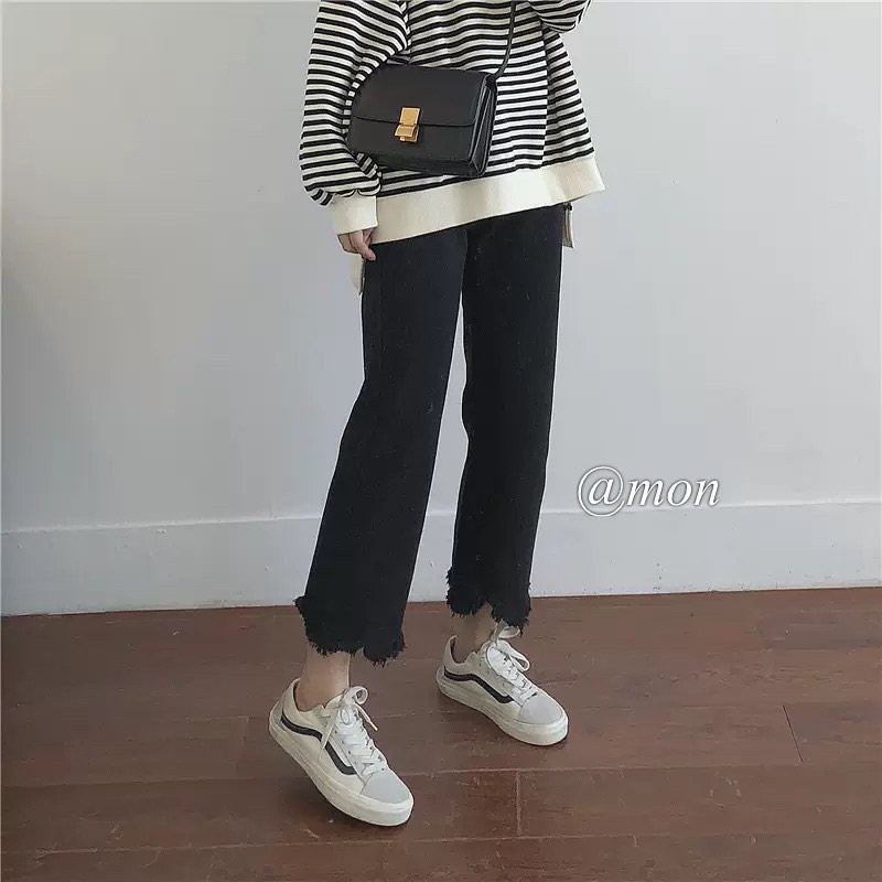 190517 Quần baggy jeans nữ ulzzang ống đứng form vừa tua rua gấu 2 màu có size