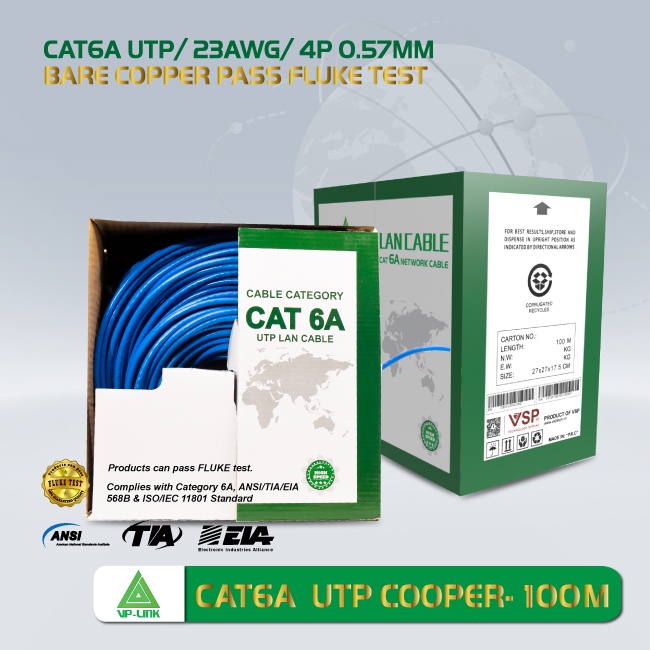 Thùng cáp mạng VP-Link Cat 6A UTP  Lõi Chữ Thập/Dây Cáp Xanh/Tốc độ đường truyền 10Gbps/90m - Hàng Chính Hãng