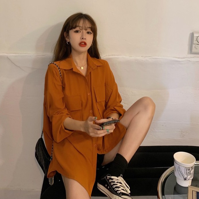 Áo Sơ Mi Chiffon Tay Dài Màu Trơn Phong Cách Hàn Quốc