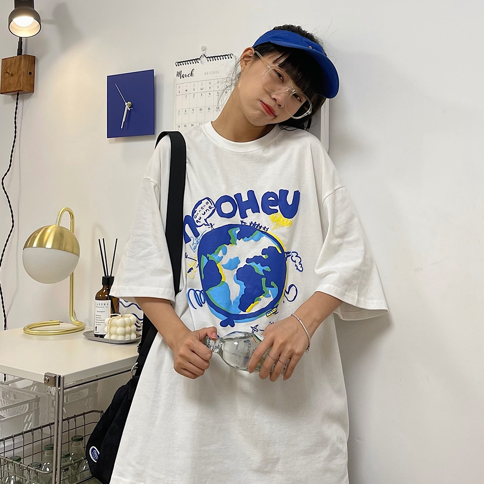 Áo thun tay ngắn in hình trái đất phong cách Hàn Quốc thời trang cho nữ