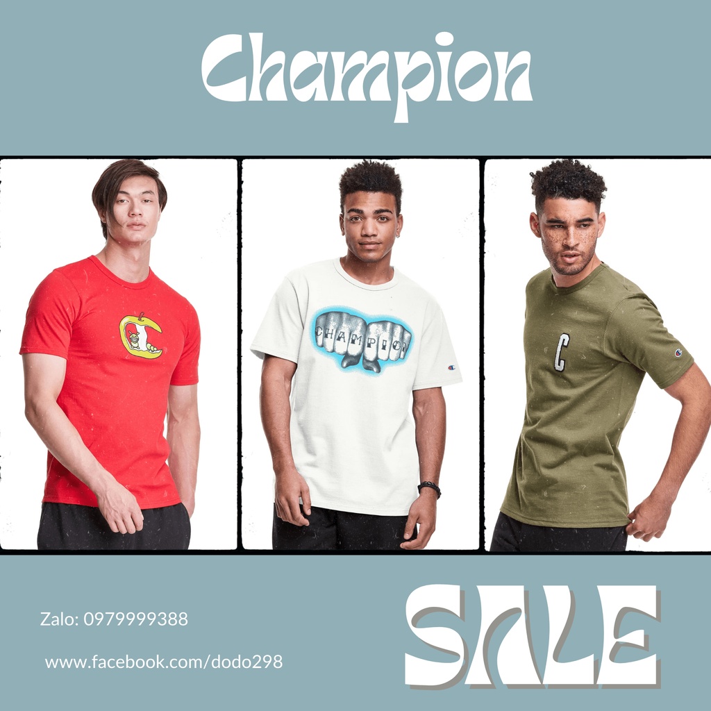 Áo Thun Nam Cotton Tay Ngắn Cỏ Tròn Họa Tiết Champion