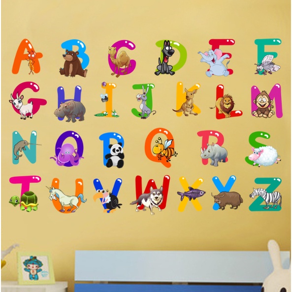 Decal trang trí tường - Bảng chữ cái hình thú mini sắc màu cho bé