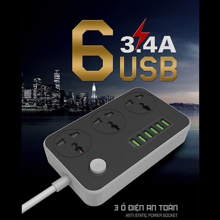 Ổ Cắm Điện Thông Minh T05 Tự Điều Áp Với 6 Cổng USB Sạc Nhanh 3.4A ,Dây Dài 2M ( Tiêu Chuẩn EU )