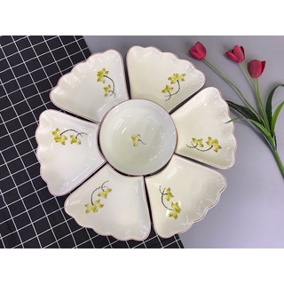 Bộ đĩa mặt trời Bát Tràng, bộ bát mặt trời bày decor trang trí đồ ăn an toàn cực xinh yêu gốm sứ Bát Tràng